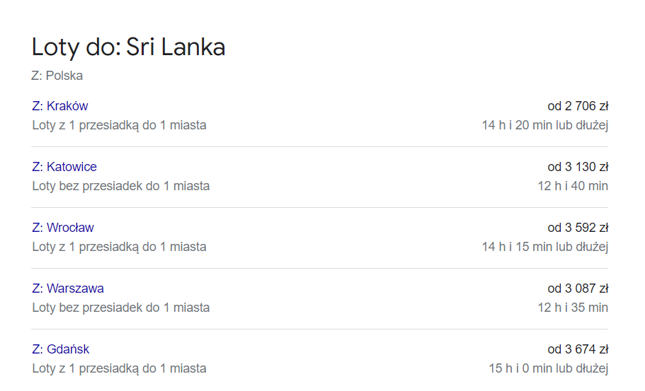 Polska - Sri Lanka, loty, źródło: Google